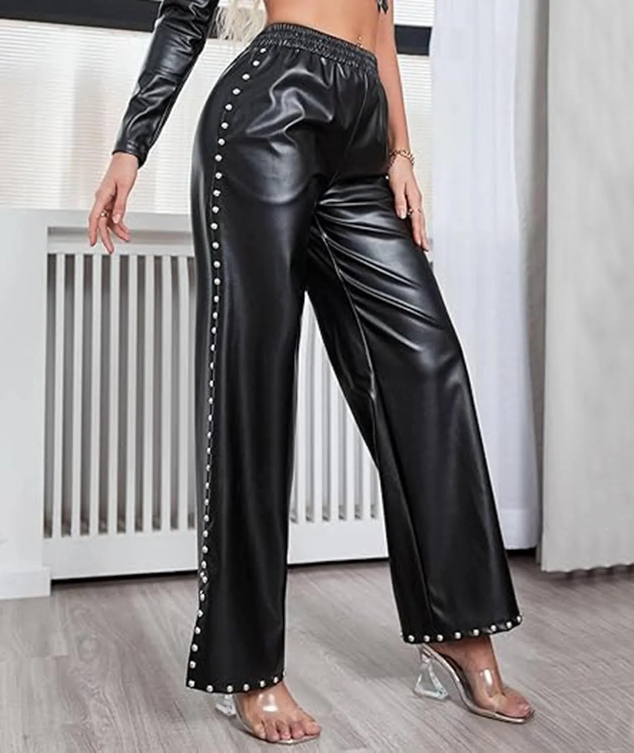 Sexyshine Women's Faux Leather Pants Rivets Pearls Trim High Waist Loose Straight Wide Leg Slit Hem PU Leather Pants