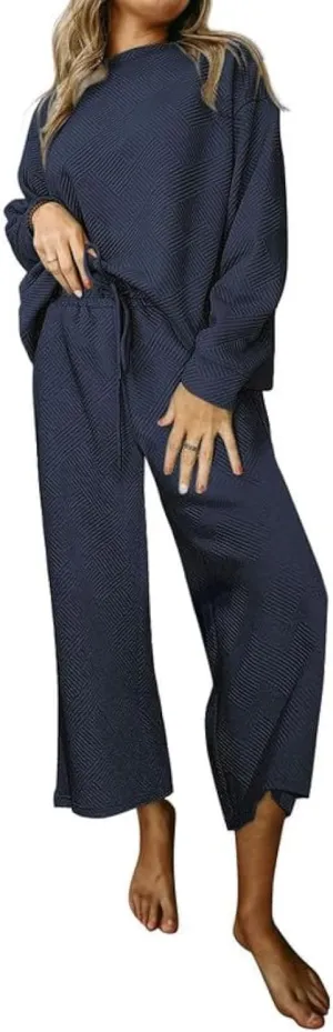 SHEWIN Women's 2 Piece Outfits Sweatsuit Casual Long Sleeve Pullover Tops and Drawstring Wide Leg Pants Lounge Sets