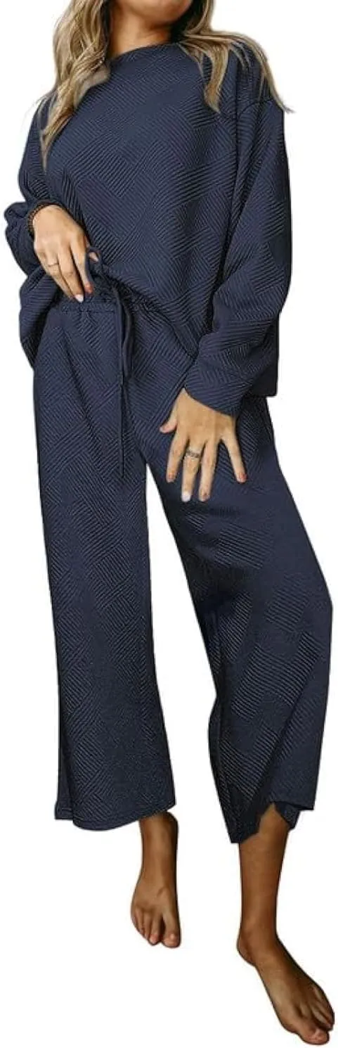 SHEWIN Women's 2 Piece Outfits Sweatsuit Casual Long Sleeve Pullover Tops and Drawstring Wide Leg Pants Lounge Sets