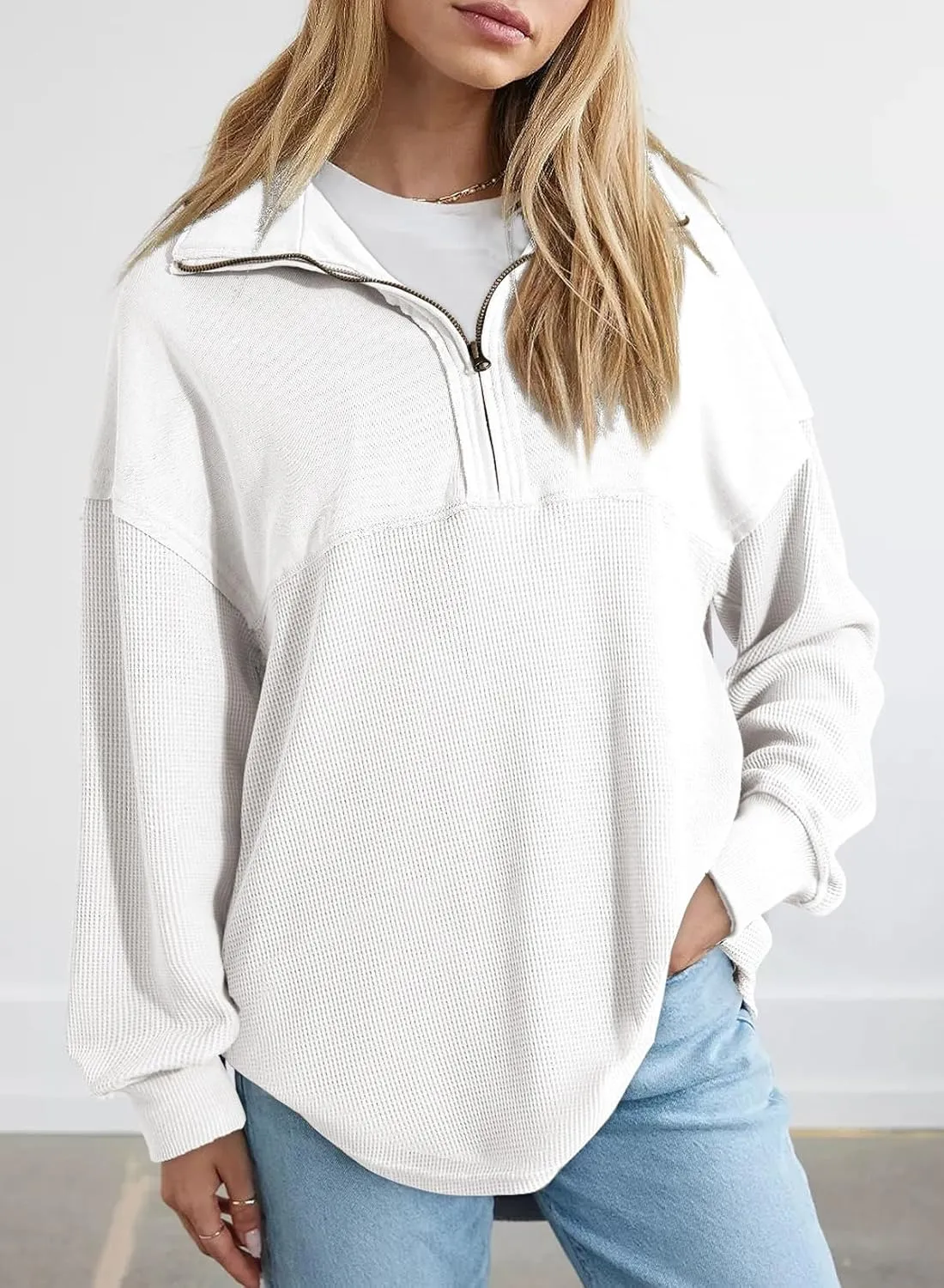 SHEWIN Womens Sweatshirt Casual Waffle Knit Half Zip Pullover Loose Long Sleeve Tops Fall Outfit Clothes 2025