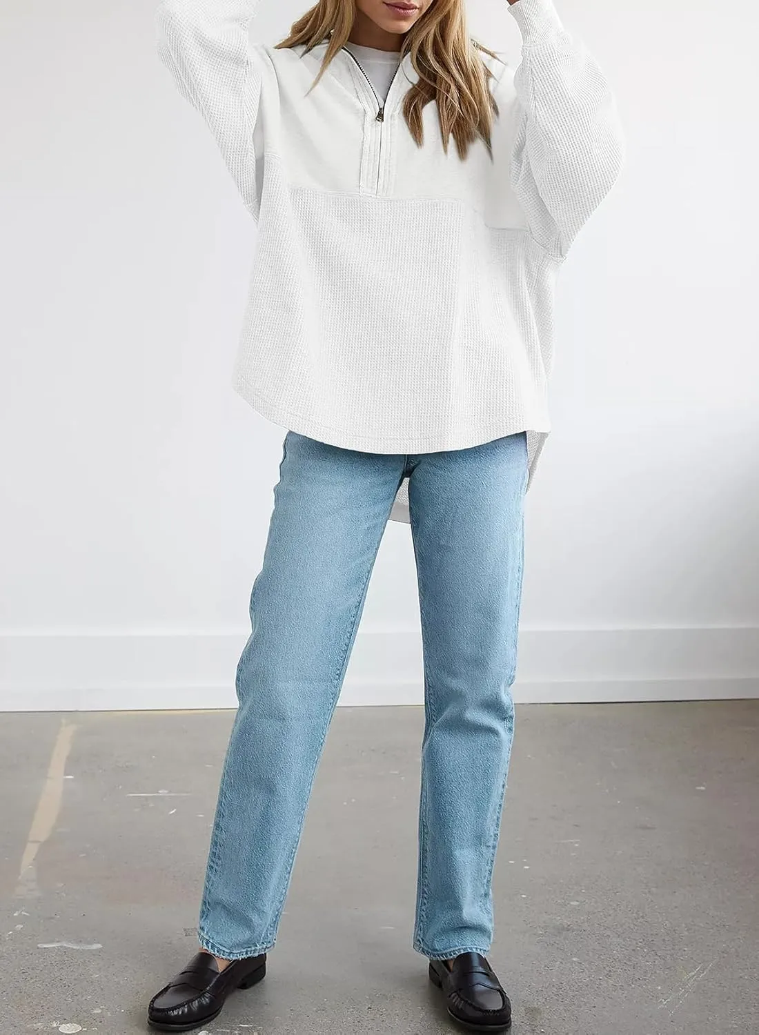 SHEWIN Womens Sweatshirt Casual Waffle Knit Half Zip Pullover Loose Long Sleeve Tops Fall Outfit Clothes 2025