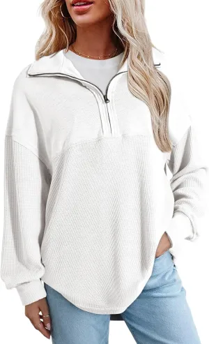 SHEWIN Womens Sweatshirt Casual Waffle Knit Half Zip Pullover Loose Long Sleeve Tops Fall Outfit Clothes 2025