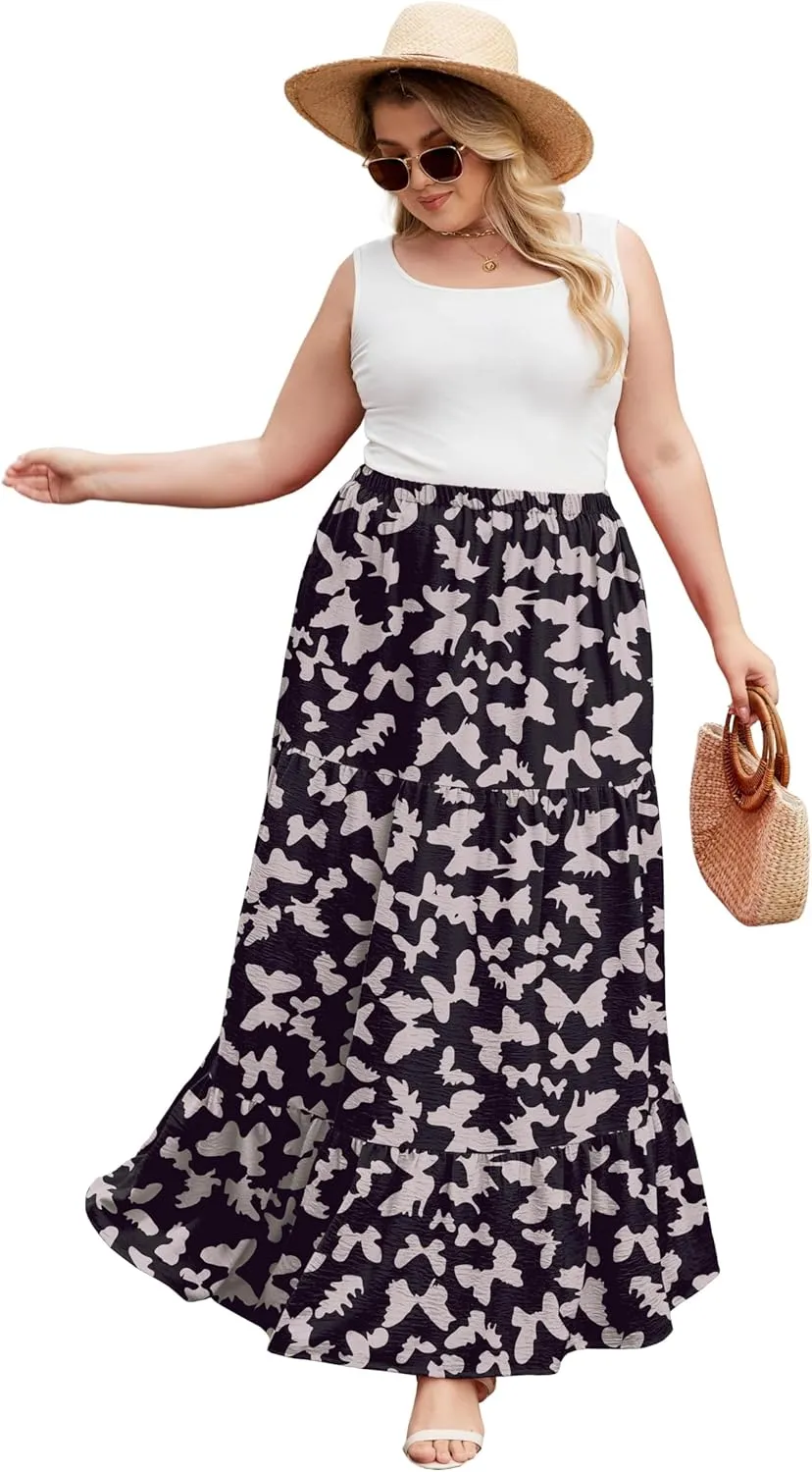 SHIJIALI Women's Plus Size Casual Boho High Waisted Flowy Maxi Skirts Trendy Floral Pleated Long Skirts with Pockets