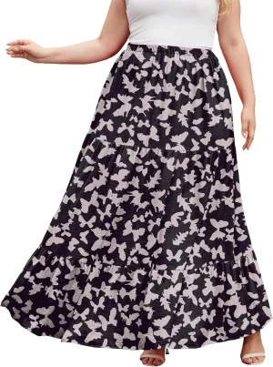 SHIJIALI Women's Plus Size Casual Boho High Waisted Flowy Maxi Skirts Trendy Floral Pleated Long Skirts with Pockets