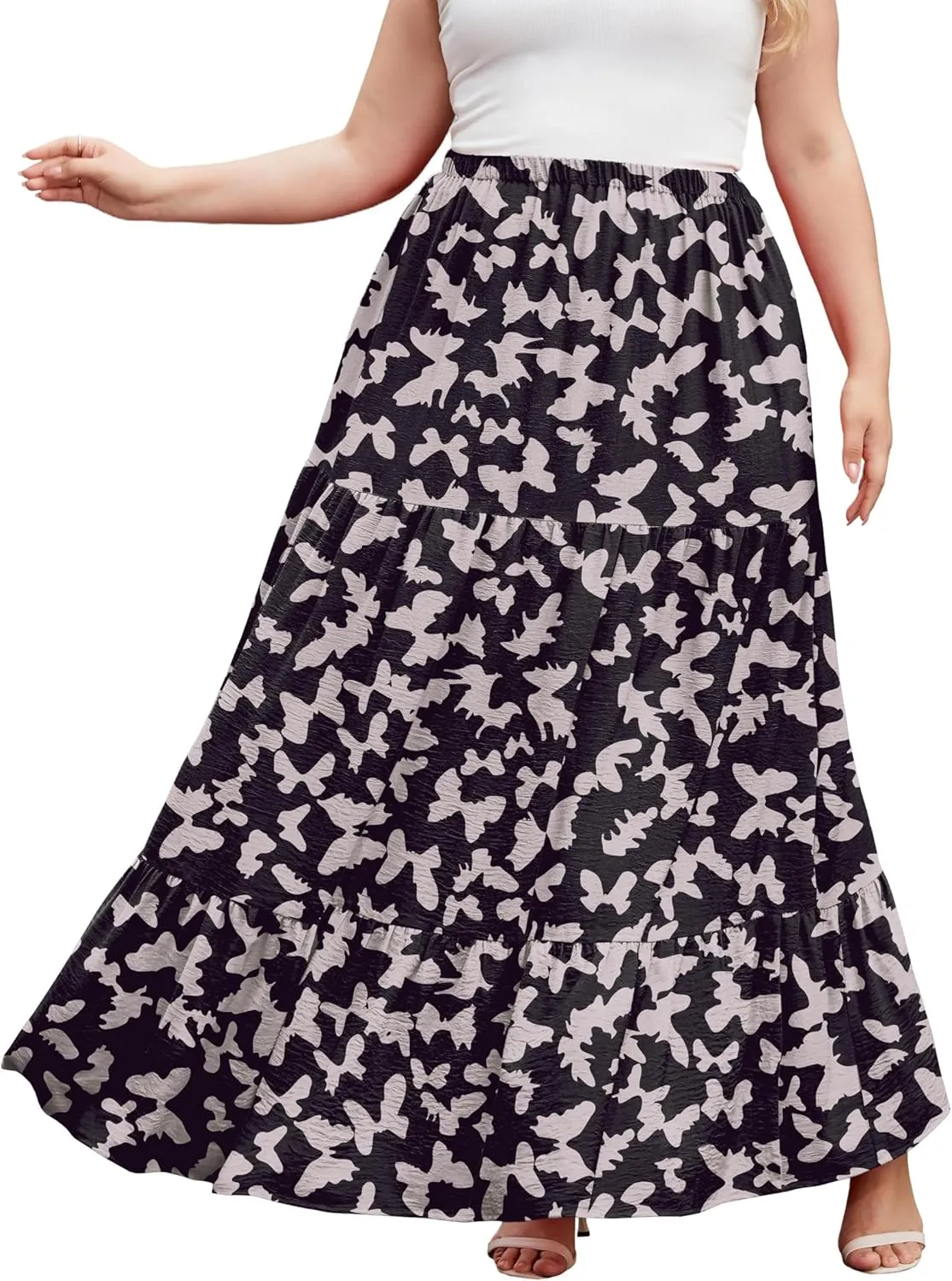 SHIJIALI Women's Plus Size Casual Boho High Waisted Flowy Maxi Skirts Trendy Floral Pleated Long Skirts with Pockets