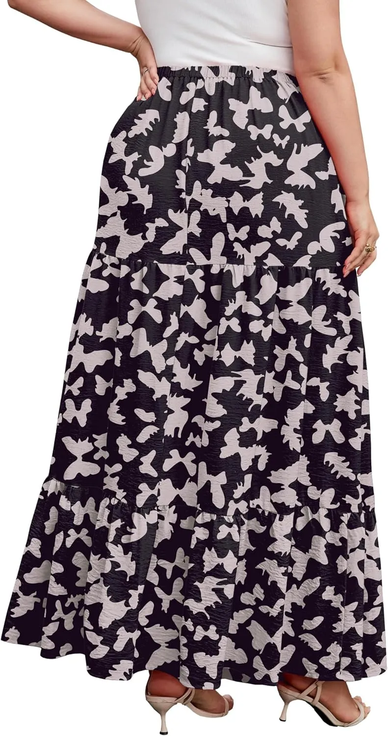 SHIJIALI Women's Plus Size Casual Boho High Waisted Flowy Maxi Skirts Trendy Floral Pleated Long Skirts with Pockets