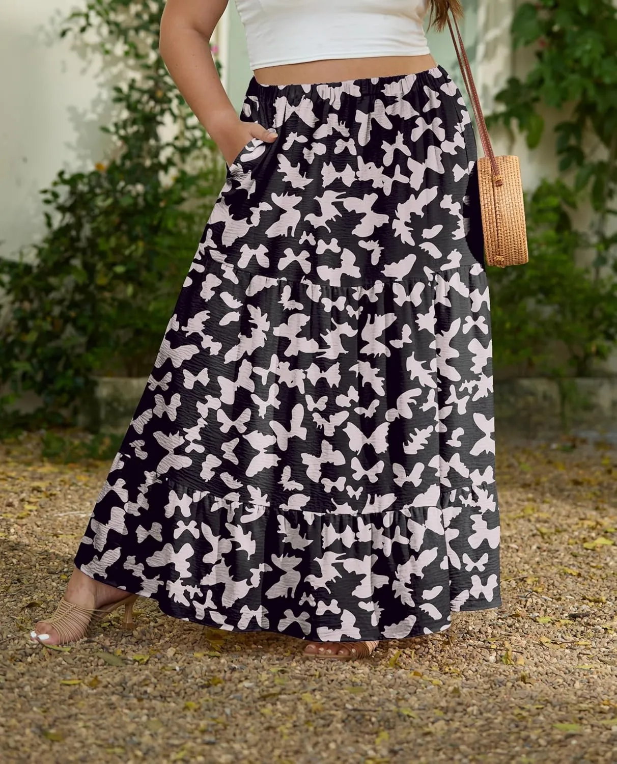 SHIJIALI Women's Plus Size Casual Boho High Waisted Flowy Maxi Skirts Trendy Floral Pleated Long Skirts with Pockets