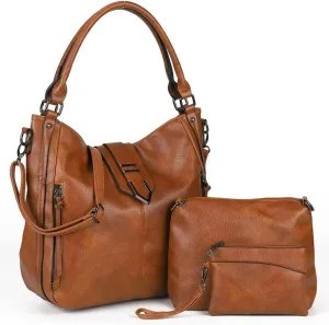 Shoulder Bag for Women Vintage PU Leather Crossbody Purse Casual Hobo Tote Bag Large Work Handbag Purse Set 3pcs