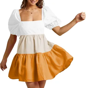 Shy Velvet Women's Casual Party Mini Dress Square Neck Short Bubble Sleeve A-line Loose Summer Dresses White Yellow