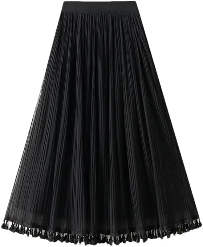 Skirts for Women Tassel Tulle Long Skirt for Women Mesh A Line Skirt High Waist Pleated Midi Skirt