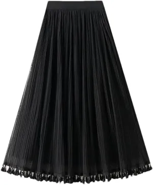 Skirts for Women Tassel Tulle Long Skirt for Women Mesh A Line Skirt High Waist Pleated Midi Skirt