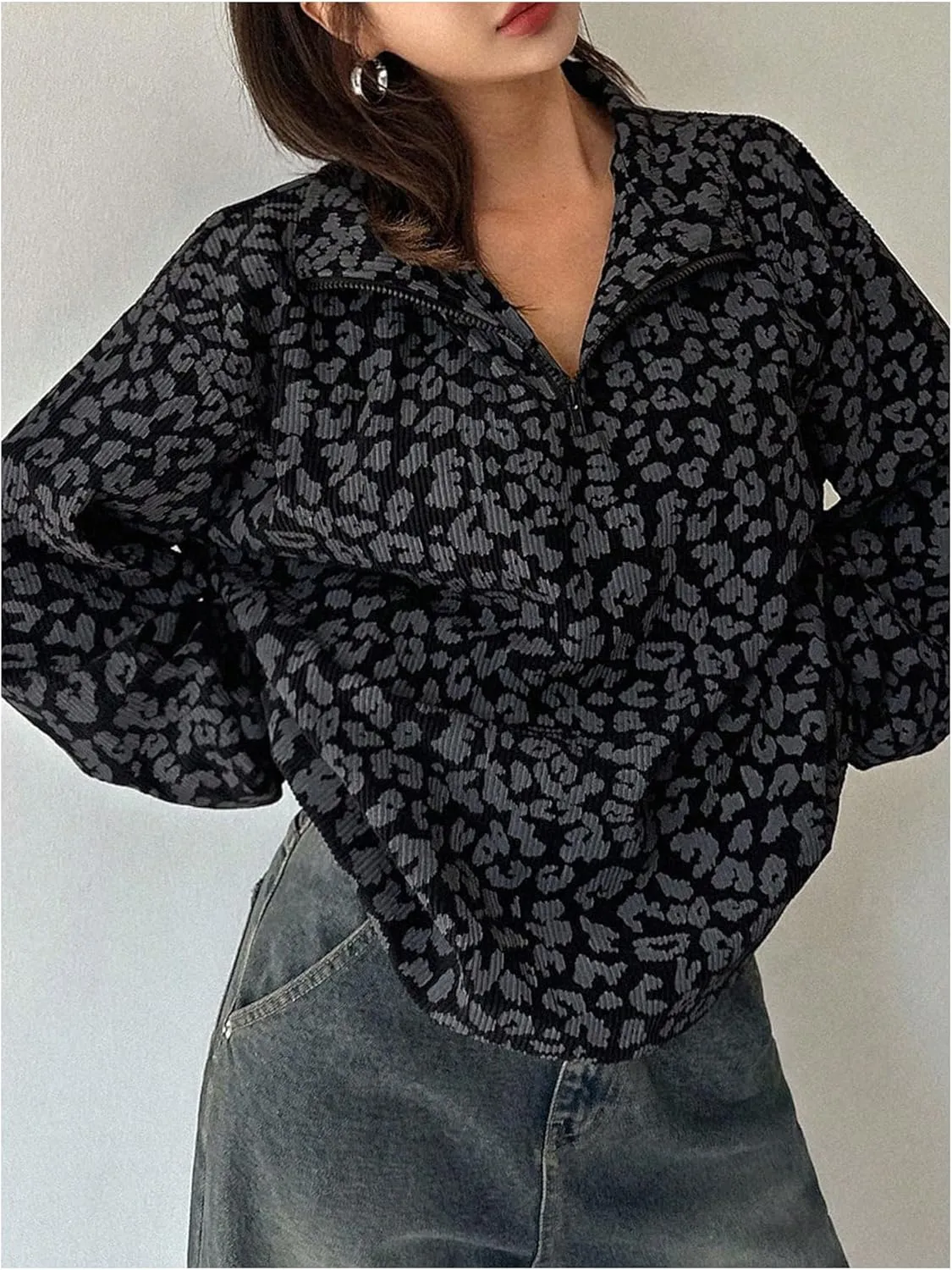 SOLY HUX Women's Leopard Sweatshirt Half Zip Collar Drop Shoulder Long Sleeve Cheetah Print Oversized Pullover Tops