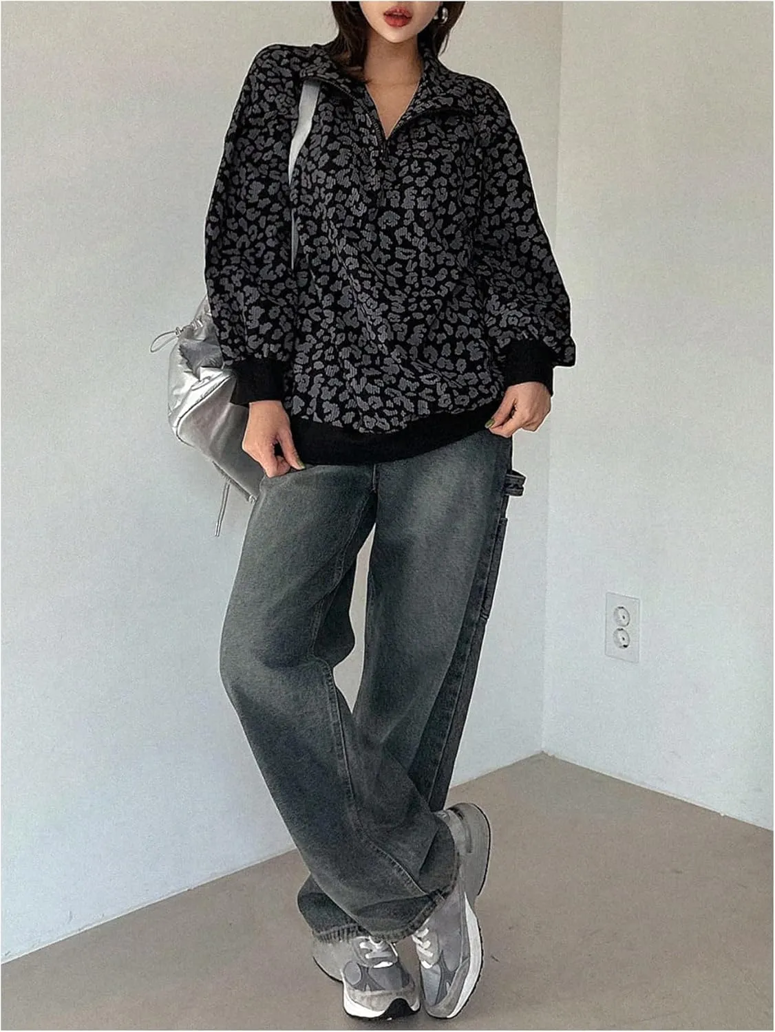 SOLY HUX Women's Leopard Sweatshirt Half Zip Collar Drop Shoulder Long Sleeve Cheetah Print Oversized Pullover Tops