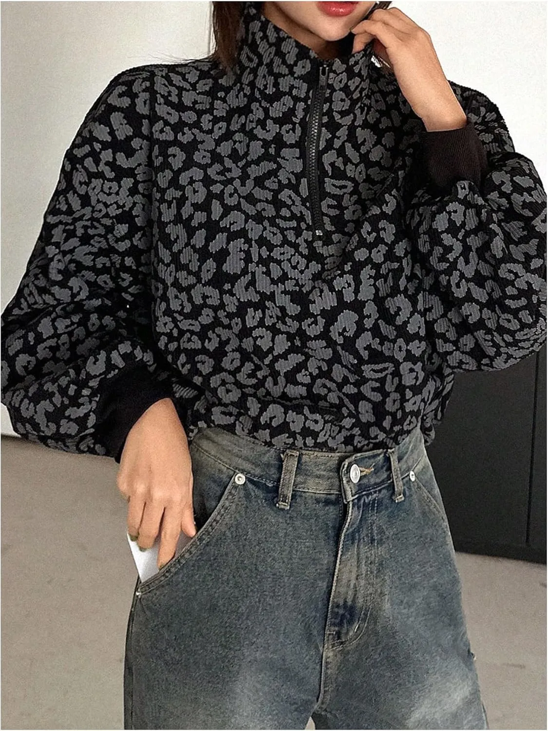 SOLY HUX Women's Leopard Sweatshirt Half Zip Collar Drop Shoulder Long Sleeve Cheetah Print Oversized Pullover Tops