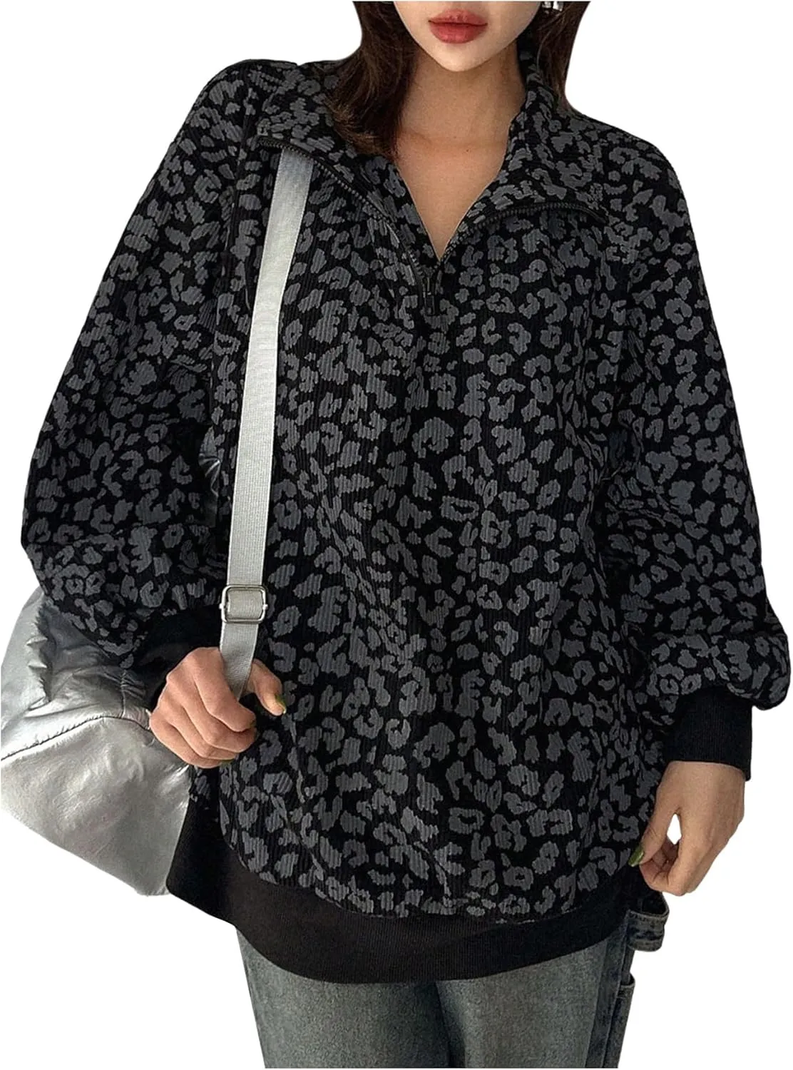 SOLY HUX Women's Leopard Sweatshirt Half Zip Collar Drop Shoulder Long Sleeve Cheetah Print Oversized Pullover Tops