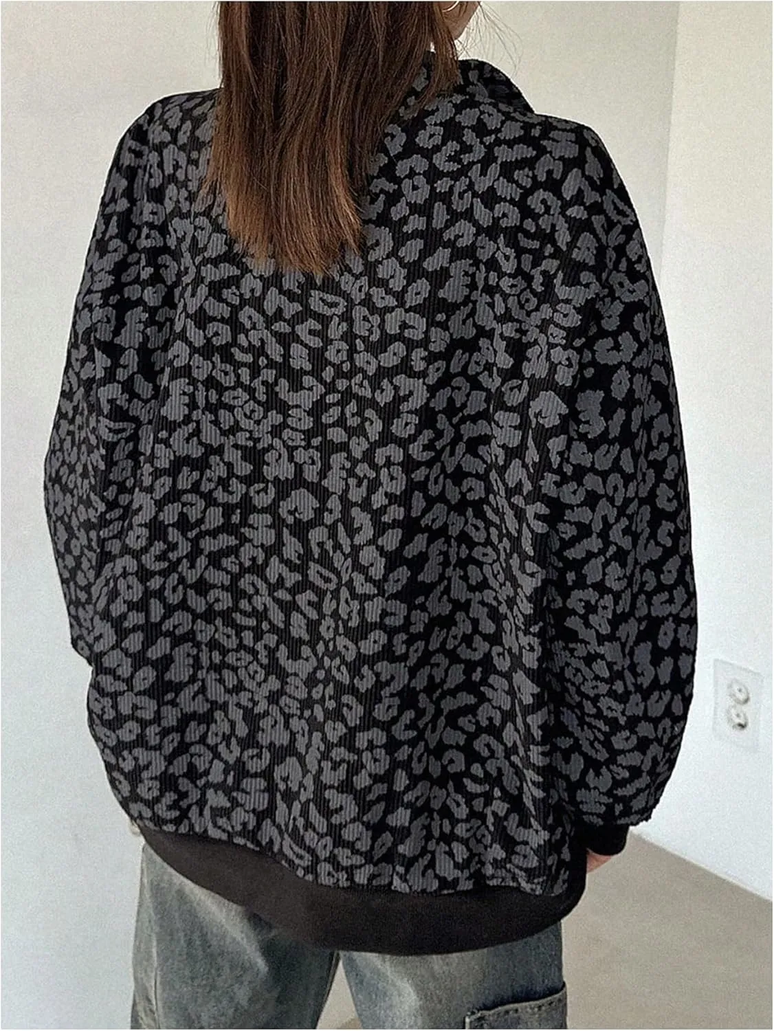 SOLY HUX Women's Leopard Sweatshirt Half Zip Collar Drop Shoulder Long Sleeve Cheetah Print Oversized Pullover Tops