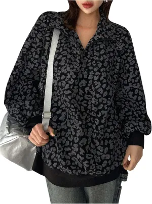 SOLY HUX Women's Leopard Sweatshirt Half Zip Collar Drop Shoulder Long Sleeve Cheetah Print Oversized Pullover Tops