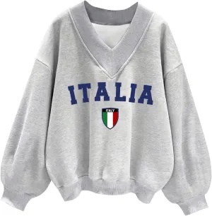 SOLY HUX Women's Oversized Graphic Sweatshirt V Neck Drop Shoulder Long Sleeve Letter Print Casual Pullover Tops