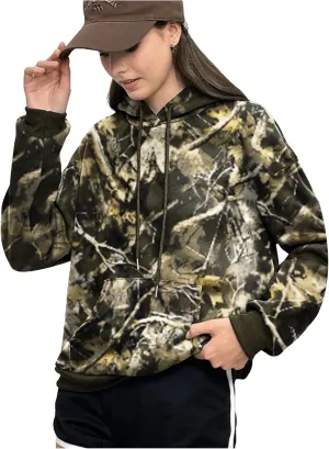 SOLY HUX Women's Plus Size Camo Hoodie Maple Leaf Print Hooded Sweatshirt Drawstring Long Sleeve Fleece Pullover Tops