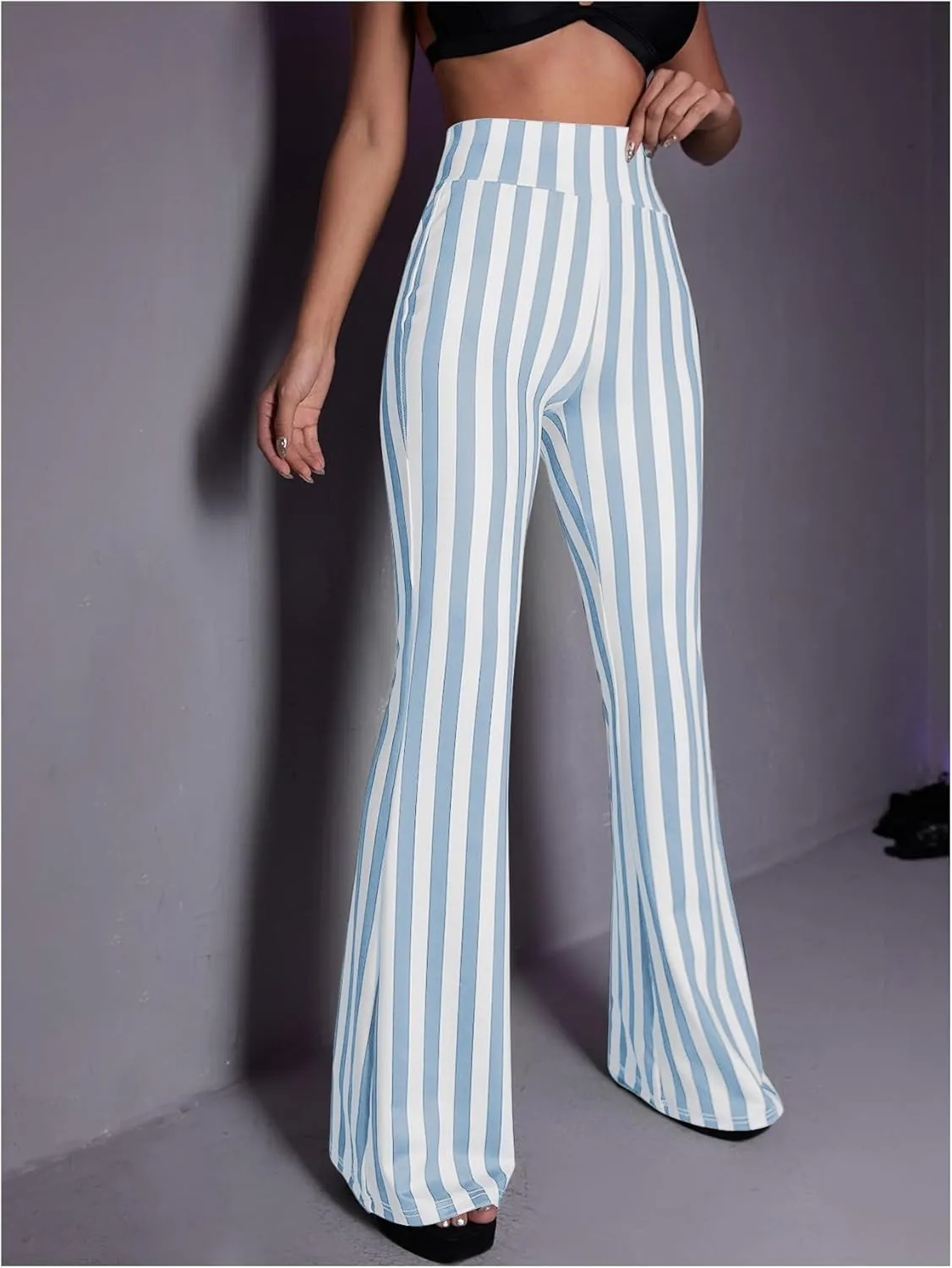 SOLY HUX Women's Striped Elastic High Waist Flare Leg Long Pants Casual Trousers