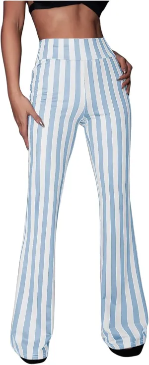SOLY HUX Women's Striped Elastic High Waist Flare Leg Long Pants Casual Trousers