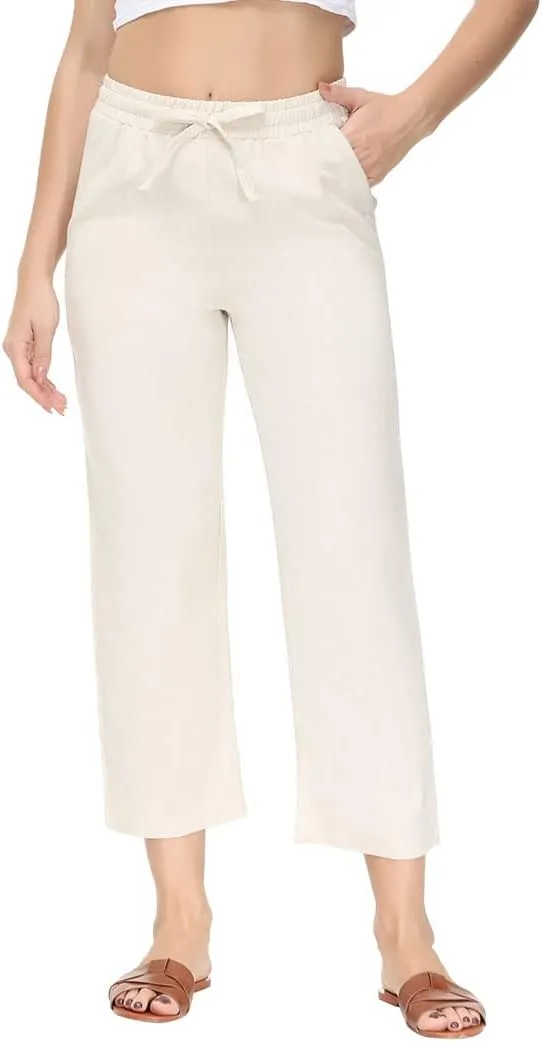 Soojun Women's Linen Blend Drawstring Wide Leg Cropped Pant
