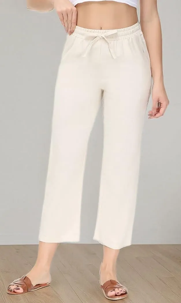 Soojun Women's Linen Blend Drawstring Wide Leg Cropped Pant