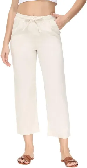 Soojun Women's Linen Blend Drawstring Wide Leg Cropped Pant