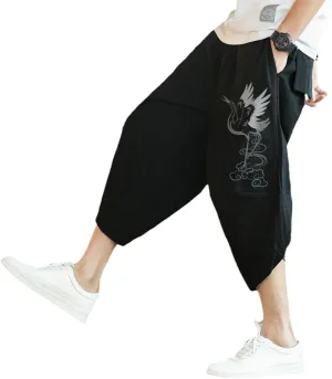 Summer Cotton Harem Pants Men Casual Hop Trousers Cross Bloomers Calf-Length Joggers Streetwear Embroried