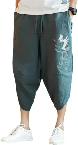 Summer Cotton Harem Pants Men Casual Hop Trousers Cross Bloomers Calf-Length Joggers Streetwear Embroried