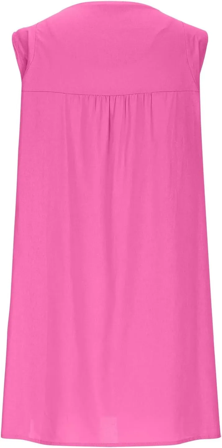 Summer Cotton Linen Dress for Women Casual Sleeveless Crewneck Ruched Sundresses Plus Size Solid Color Loose Dresses