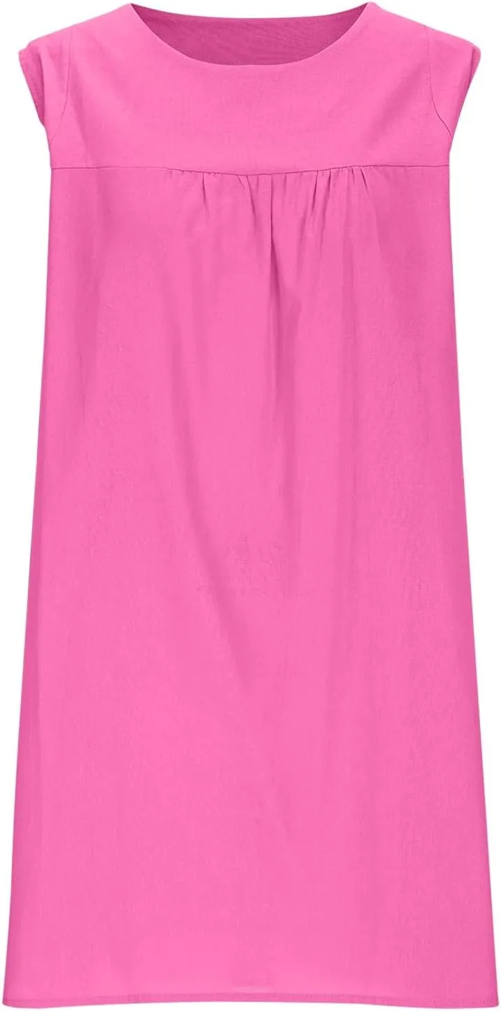 Summer Cotton Linen Dress for Women Casual Sleeveless Crewneck Ruched Sundresses Plus Size Solid Color Loose Dresses