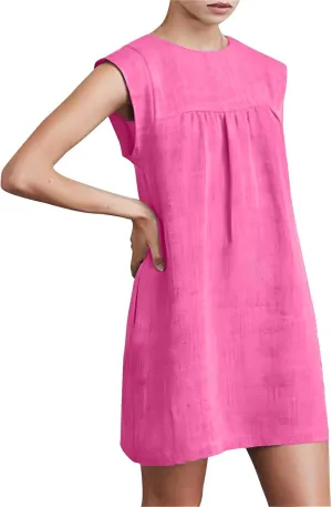 Summer Cotton Linen Dress for Women Casual Sleeveless Crewneck Ruched Sundresses Plus Size Solid Color Loose Dresses