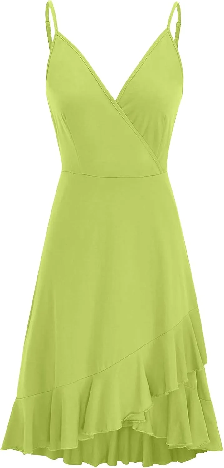 Sundresses for Women,2024 Summer Elegant Sexy Wrap V Neck Sling Party Dress,Trendy Flowy Ruched Ruffle Hem Beach Dress
