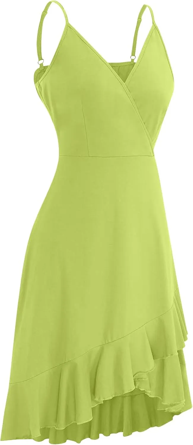 Sundresses for Women,2024 Summer Elegant Sexy Wrap V Neck Sling Party Dress,Trendy Flowy Ruched Ruffle Hem Beach Dress