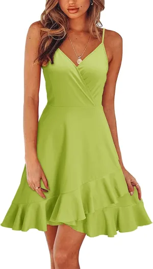 Sundresses for Women,2024 Summer Elegant Sexy Wrap V Neck Sling Party Dress,Trendy Flowy Ruched Ruffle Hem Beach Dress