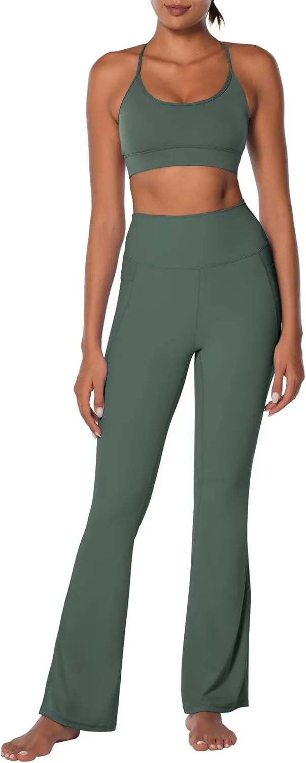 Sunzel Sunzfly Women's Mini Flare Leggings with Pockets High Waisted Tummy Control Yoga Pants Bootcut Workout Gym Casual