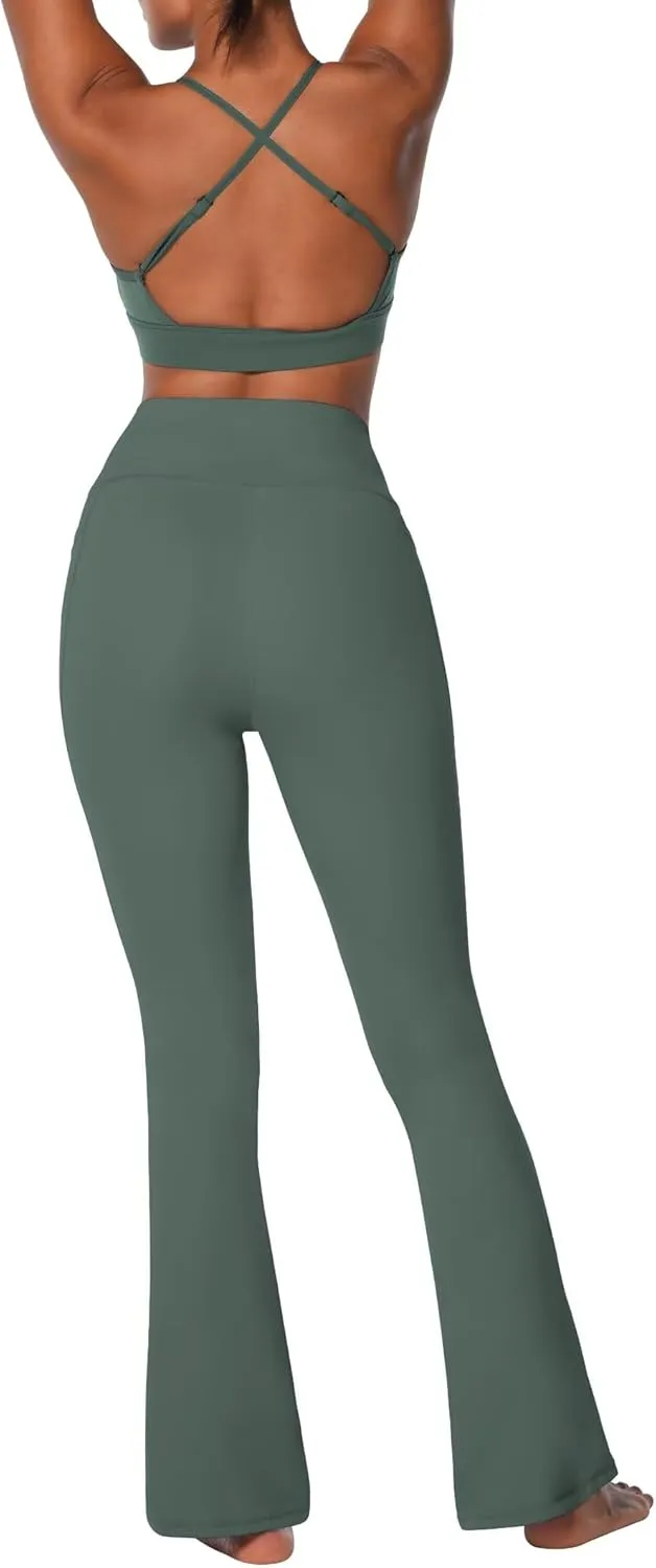 Sunzel Sunzfly Women's Mini Flare Leggings with Pockets High Waisted Tummy Control Yoga Pants Bootcut Workout Gym Casual