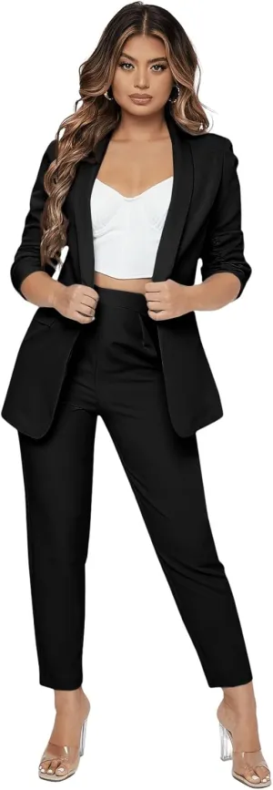 SweatyRocks Women's 2 Piece Solid Ruched Sleeve Blazer and Pants Business Office Suit Set