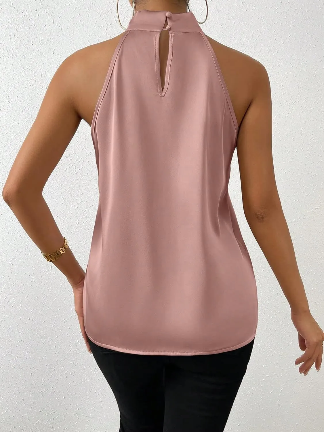 SweatyRocks Womens Elegant Twist Front Halter Sleeveless Satin Blouse Keyhole Back Tank Top