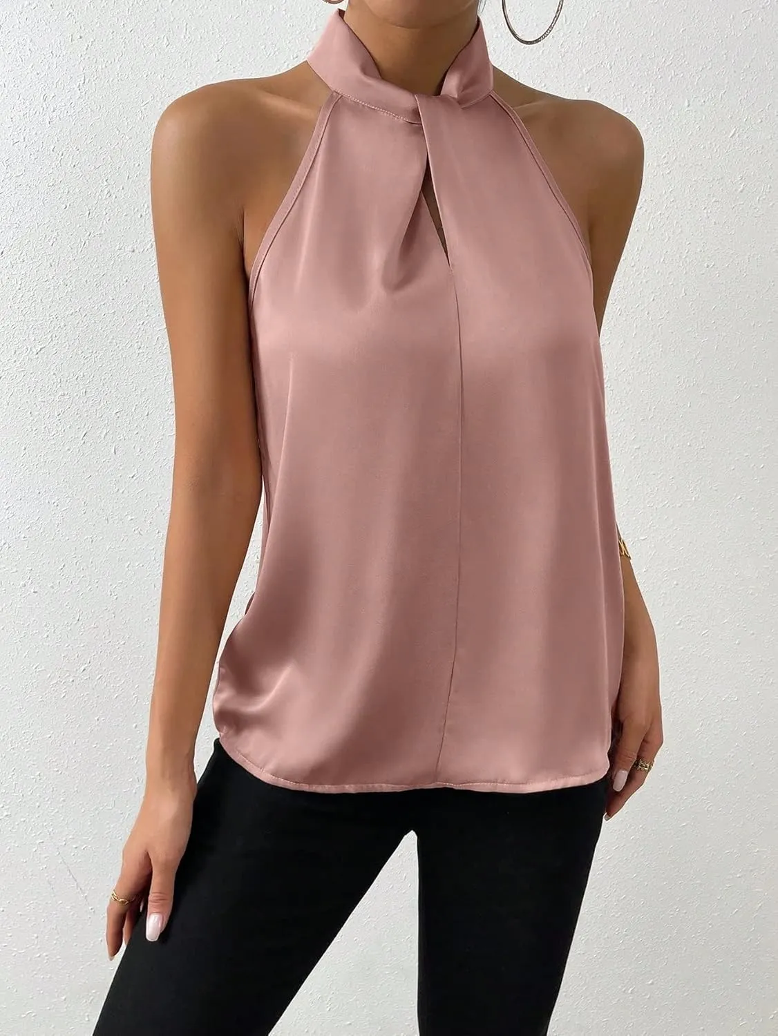 SweatyRocks Womens Elegant Twist Front Halter Sleeveless Satin Blouse Keyhole Back Tank Top