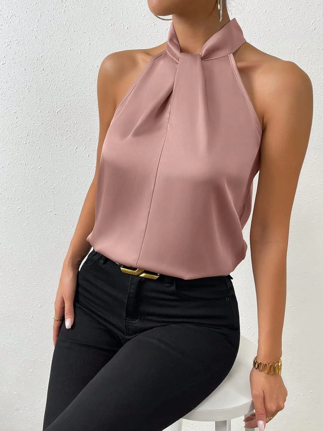 SweatyRocks Womens Elegant Twist Front Halter Sleeveless Satin Blouse Keyhole Back Tank Top