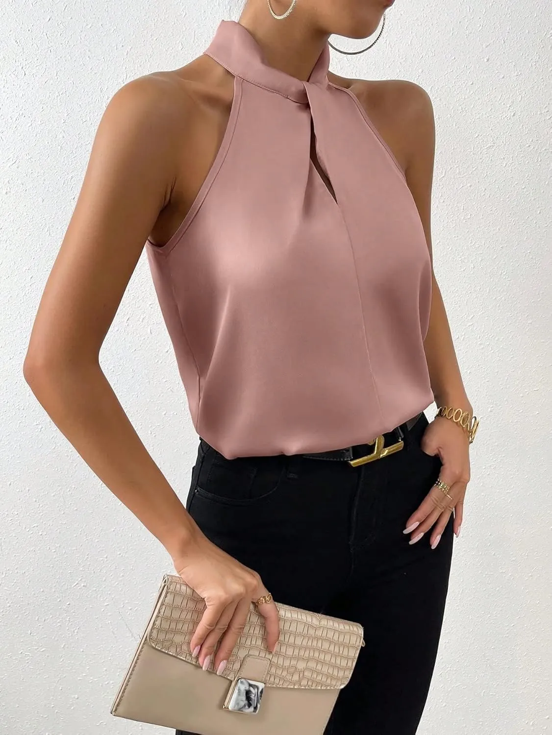 SweatyRocks Womens Elegant Twist Front Halter Sleeveless Satin Blouse Keyhole Back Tank Top