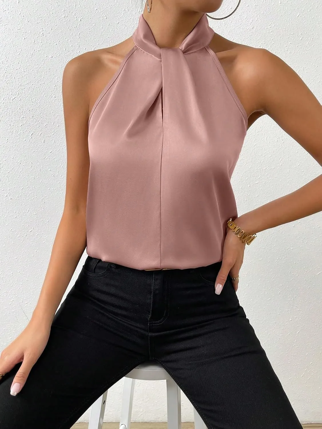 SweatyRocks Womens Elegant Twist Front Halter Sleeveless Satin Blouse Keyhole Back Tank Top