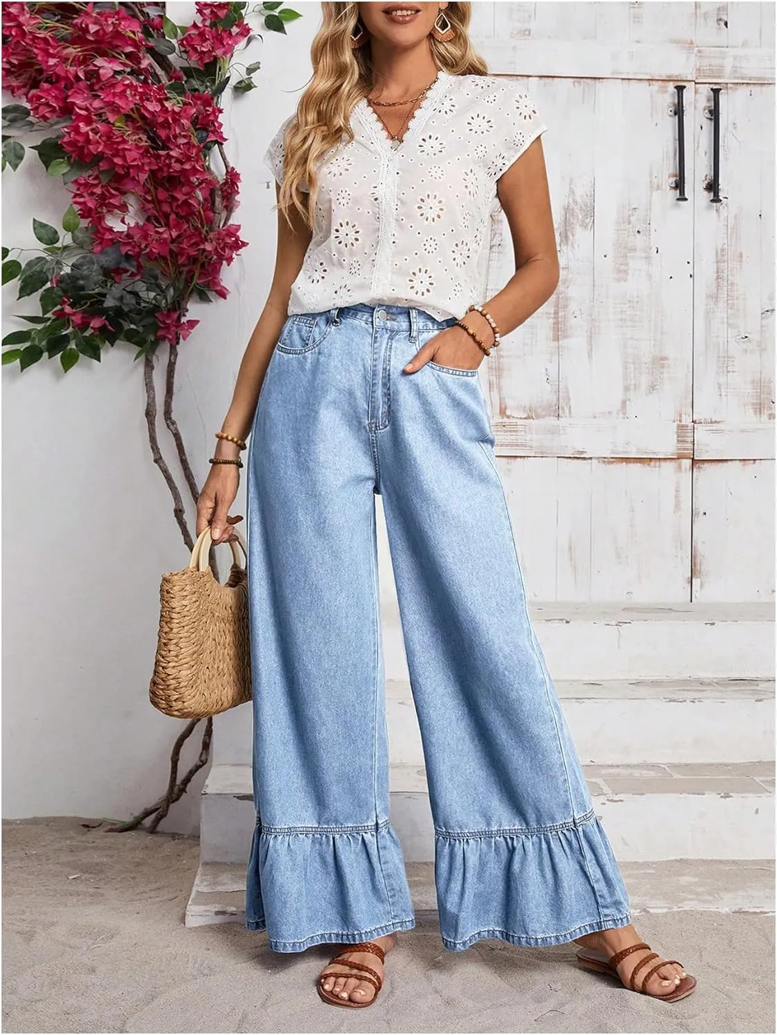 SweatyRocks Women's High Waist Wide Leg Baggy Jeans Ruffled Hem Denim Palazzo Pants