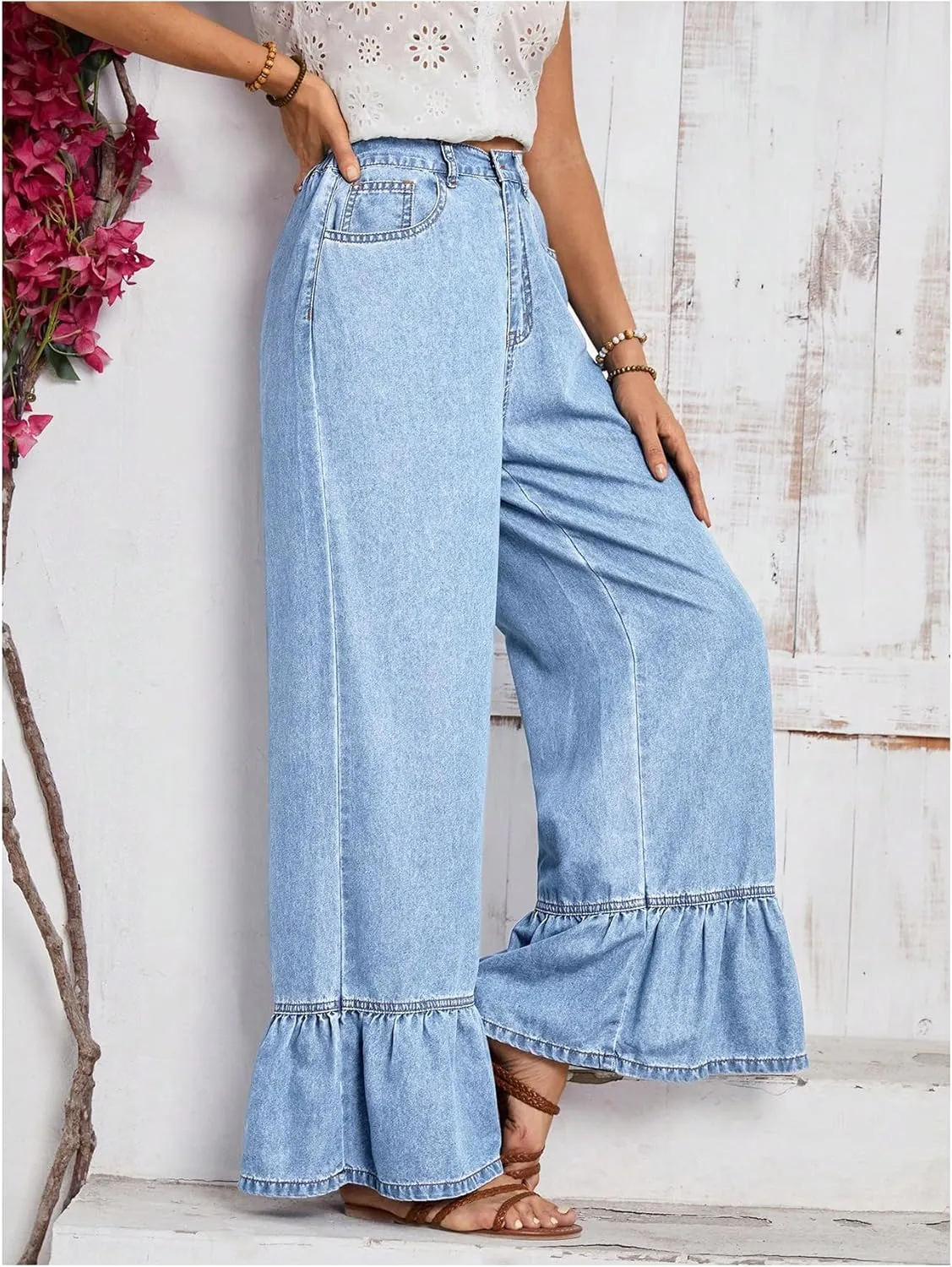 SweatyRocks Women's High Waist Wide Leg Baggy Jeans Ruffled Hem Denim Palazzo Pants