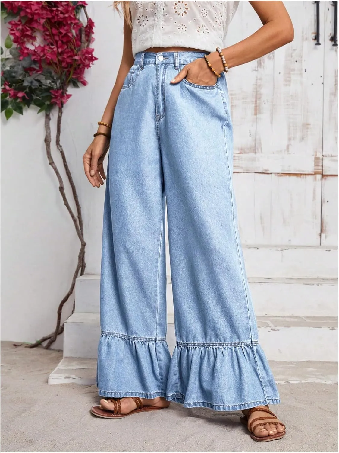 SweatyRocks Women's High Waist Wide Leg Baggy Jeans Ruffled Hem Denim Palazzo Pants