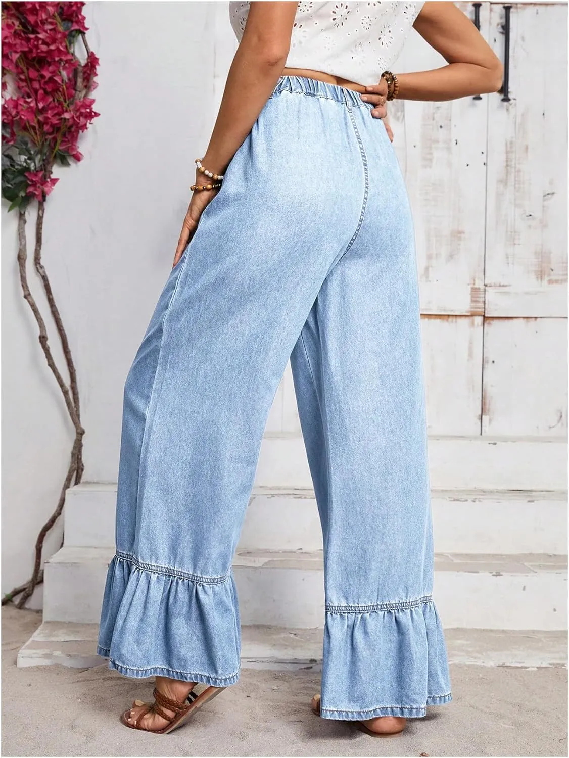 SweatyRocks Women's High Waist Wide Leg Baggy Jeans Ruffled Hem Denim Palazzo Pants