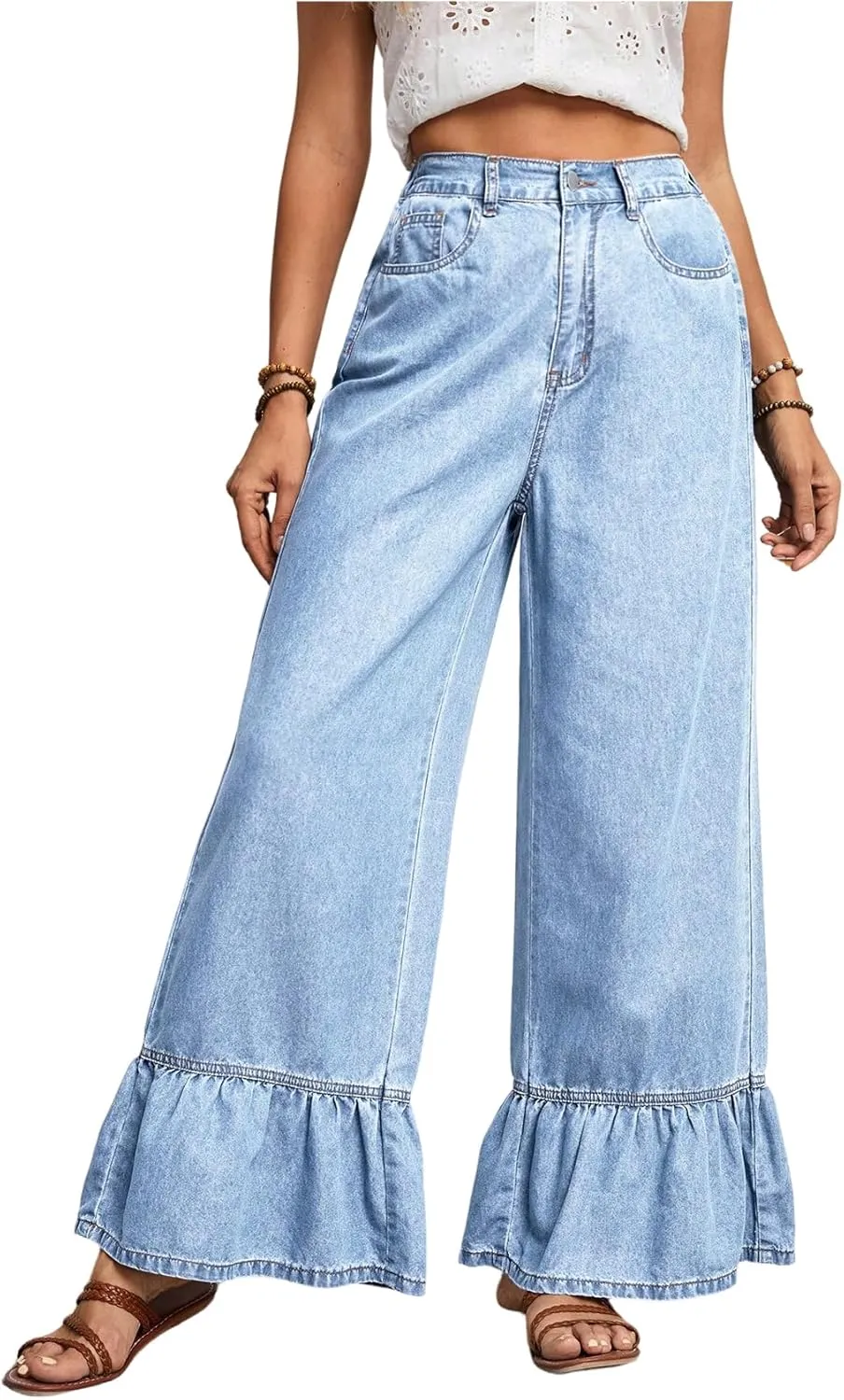 SweatyRocks Women's High Waist Wide Leg Baggy Jeans Ruffled Hem Denim Palazzo Pants
