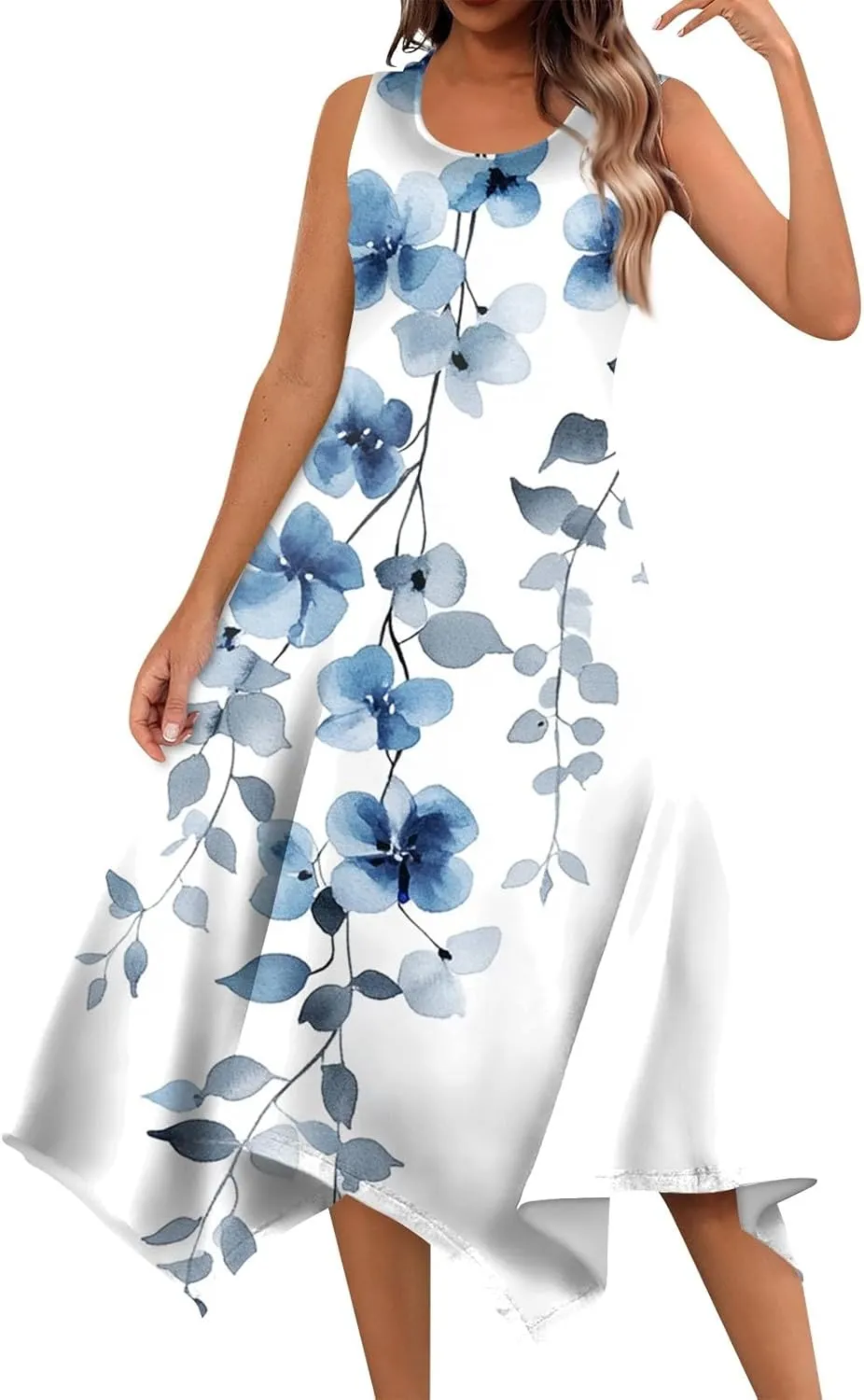 Tank Dress for Women Summer Midi Sleeveless Irregular Hem Plus Size Dress U-Neck Cocktail Dresses A Line with Pockets